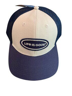 NEW! LIFE IS GOOD Oval Logo Trucker Hat Cap NAVY BLUE / CREAM Adjustable Fit